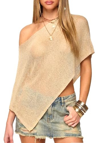 Navneet Dam off-shoulder meshtopp stickad poncho täcka asymmetrisk cape strand sommar festival fest