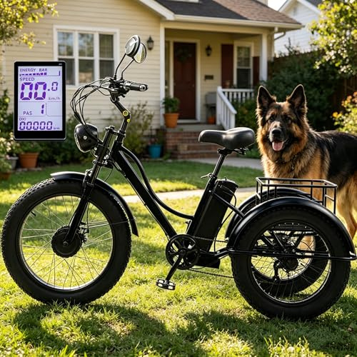Triciclo elettrico per adulti, 24 pollici, 7 marce, 3 ruote, 48 V 15 Ah, pneumatici larghi, cestino grande, display LCD, portata 65 km per anziani, per lo shopping e il pendolarismo (nero)