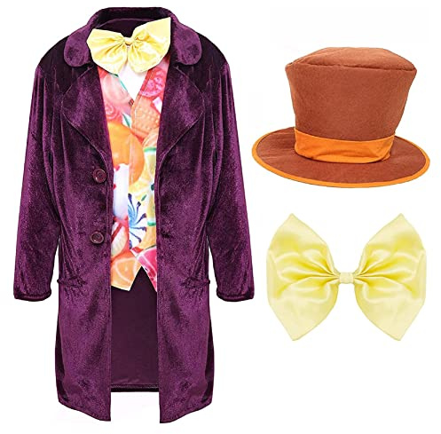 I LOVE FANCY DRESS LTD Chokladfabriksdräkt för pojkar lila kappa + tryckt väst godis gyllene fluga + överdriven hatt för World Book Day. Storlek: Liten