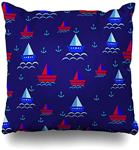 Starojul Throw Pillow Cover Baby Red Kids Ships Anchor On Marine Blue Abstract Boat Boy Bright Cruise Endless Sailboat Home Decor Cushion Case Square Size 18 x 18 Inches Zippered Cases