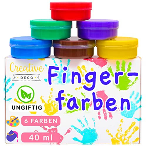 Creative Deco Fingerfarben Kinder Ungiftig | 6 x 40 ml Becher | Intensive Farben | Set für Kleinkinder | Sicher & Ungiftig | Wasserbasiert | Bastel-Farbe Plakat-Farbe Schulmalfarben Fingermalfarben