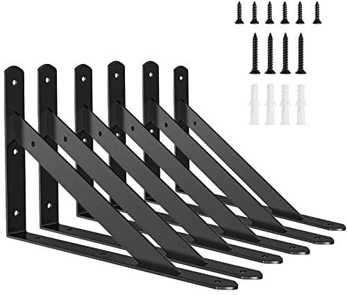 Kersally 8 Inch Shelf Brackets, 6 Pack Heavy Duty L Brackets for Shelves, 90 Degree Triangle Metal Supports for DIY Floating Shelf with Screws (Black)