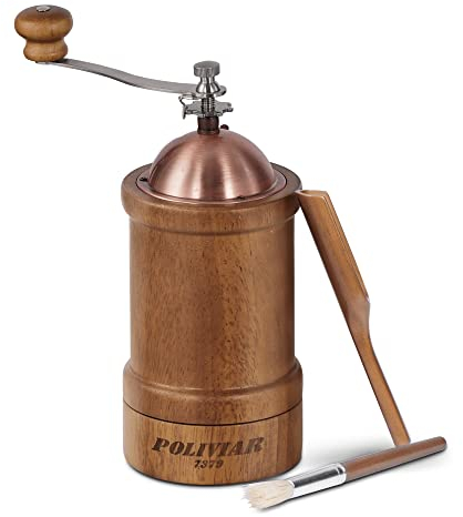 POLIVIAR Manual Coffee Grinder, Coffee Bean Grinder with Adjustable Ceramic Burr, Vintage Style Wooden Hand Coffee Grinder, Large Capacity Burr Coffee Grinder with Brush and Spoon (JX2022-CG20)
