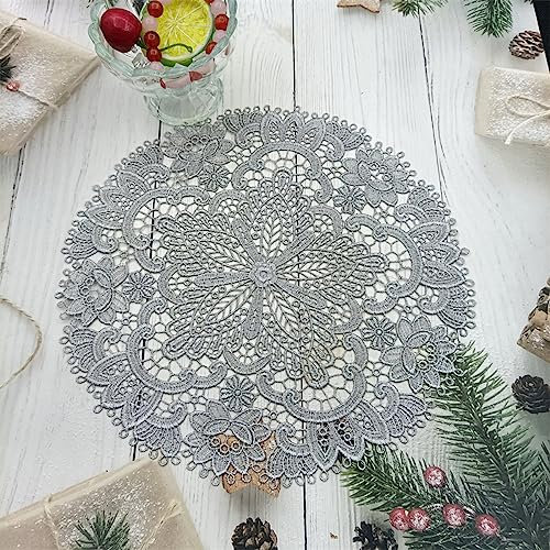 Wambere 4 Stück 26 cm Tischset aus Spitze,Spitzendeckchen Häkeldeckchen Tischdeck,Spitze Runde Stickerei Tisch Tischset,Handarbeit Geklöppelt Spitzendeckchen Placemat,für Küche, Esszimmer,Silber