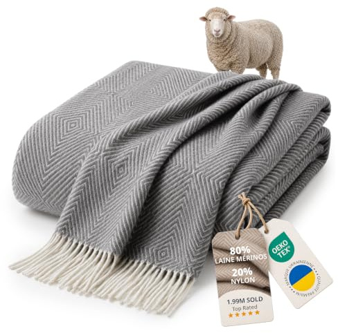 LYHome Merino Wool Blanket, Warm & Soft Throw for Bed & Sofa, 140x200 cm | 80% Merino, 20% Nylon OEKO-TEX. Winter & Summer Blankets, Indoor & Outdoor - Couch, Camping, Car, All-Season | Gray, Rhombus