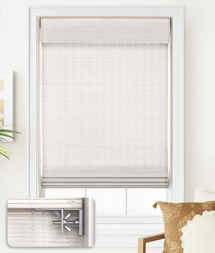 LazBlinds No Tools No Drill Cordless Bamboo Roman Shades, Custom Light Filtering Window Treatment, Roll Up Bamboo Blinds for Windows, Ceylon Vintage White