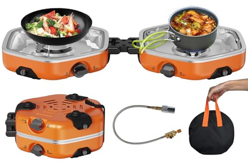 HYQNG Foldable Gas Camping Stove, 17000 BTU Camping Stove Gas Portable with Grill, 2 Adjustable Burners & Piezo Ignition, Outdoor 2 Burner Camping Stove for Cooking, Hiking, Camping, Trekking, Picnic