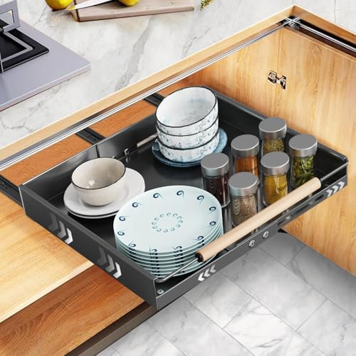 AIGOCITY Telescopic Drawer, Pull-Out Drawer Kitchen, Kitchen Cabinet Organiser, Carbon Steel Extendable Drawers, Soft Sliding Basket Pull-Out Kitchen Cabinet, Expandable Width 30-48.2 cm
