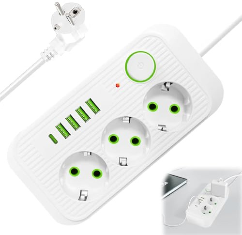 Dhqkqg Steckdosenleiste mit USB, 3 Fach Mehrfachsteckdose, 8 in 1 Steckdosenadapter mit Kindersicherung, 2 Meter Verlängerungskabel, Steckdosenadapter, für Smartphone, Laptop