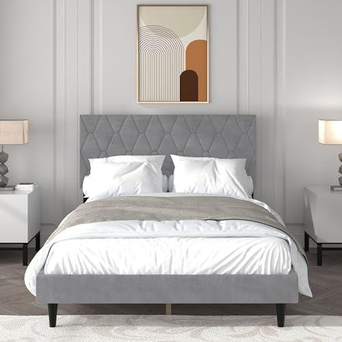 Galano Mallory Upholstered Double Bed Frame with Headboard – Solid Wood Slats for Mattress Support, Modern Platform Bed, Easy Assembly – 149W x 201D x 109H cm (Grey)