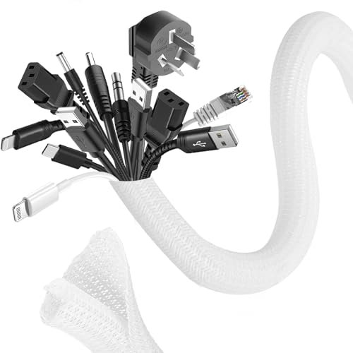 Romon 3m Kabelschlauch, 25mm-32mm Zuschneidbar Kabelkanal Selbstschließend, Flexibler Gewebter Kabelmantel, Spiralschlauch für TV PC Heimkino Automobilkabel, Kabelmanagement Bissfest für Hund- Weiß