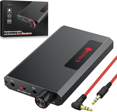Neoteck 3,5mm Amplificador de Auriculares Portátil Amplificador de Auriculares de Bajo con Receptor Bluetooth 5.1 16-300 Ohm Amplificador de Auriculares HiFi con Interruptor de Refuerzo de Graves