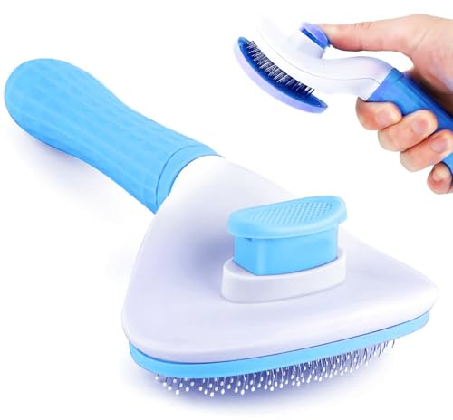 Qaestuan Cepillo para Perros y Gatos, Cepillo Quitapelos Mascotas, Ergonómico Cepillos Perros, Pelo Limpio Mascotas con un Botón, para Gatos, Conejos de Pelo Corto y Largo (Azul)
