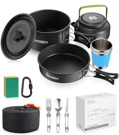 HOMGEN Aluminium Camping Cooking Set with Folding Cutlery for 2-3 People