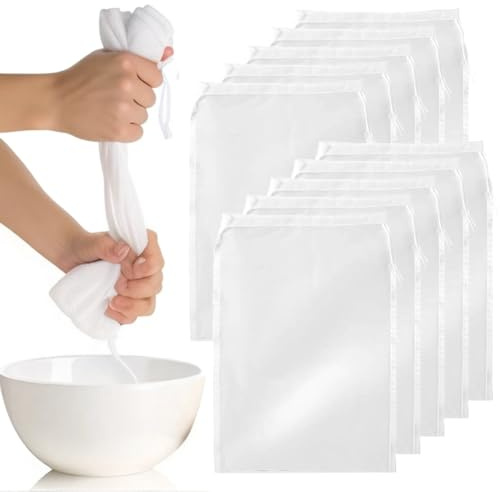 TRKETK 10 sacchetti per latte di noci, garza a maglia fine per filtrare sacchetti filtranti con coulisse, 20 x 30 cm, panni in mussola per cucinare in rete di nylon riutilizzabili, per latte di