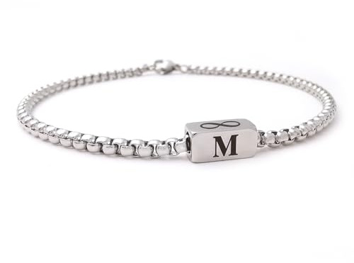 ALMENDRA Bracciale da uomo personalizzato in acciaio inossidabile inox con incisione, catena a maglia veneziana iniziale nomi data ancora infinito da personalizzare, scatola regalo oro nero (Argento)