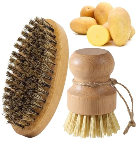 argtnayk Set di 2 spazzole per funghi e radici, spazzola a mano in legno e setole naturali per cucina, patate, verdure, funghi e lavaggio