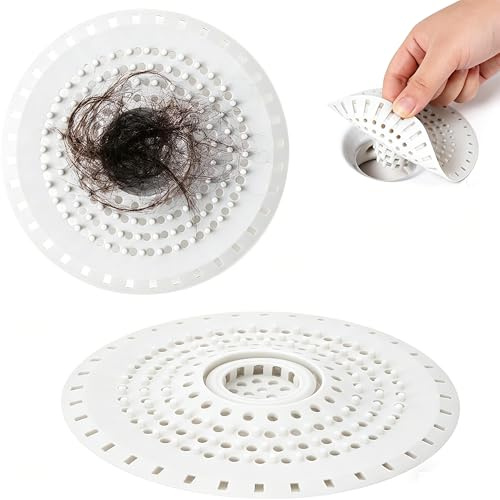 KIMHOME Paquete de 2 coladores de fregadero de silicona blanca, recogedor de pelo universal y cubierta de drenaje para baño, cocina y bañera, prevención eficaz de obstrucciones y fácil de limpiar