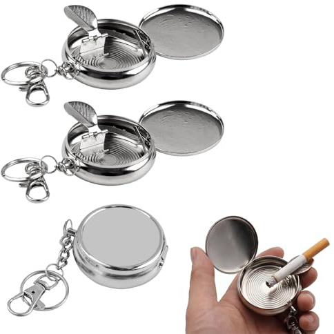 BLPRKOT 3 Piezas Cenicero Portátil de Bolsillo, Mini Cenicero Redondo para Exterior, Viaje y Coche, Cenicero Pequeño Metálico con Tapa, Accesorios para Fumadores, Color Plata, 5x5x1.7cm