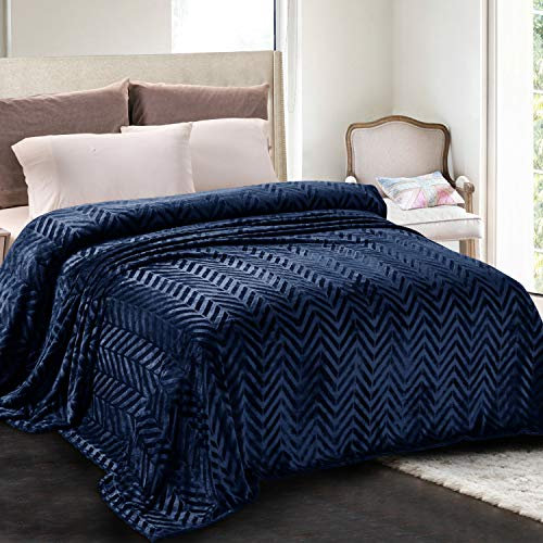 Whale Flotilla Flannel Fleece King Size Blanket for Bed, 230x264 CM Soft Fluffy Velvet Bed Blanket with Decorative Chevron Pattern for All Season, Warm and Lightweight, Navy Blue