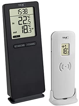 TFA Dostmann Logoneo Thermometer innen/aussen, 30.3071.01, mit Außensender, optional auf 3 Sender erweiterbar, inkl Uhr, schwarz