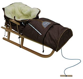 Holzschlitten für Kinder mit Rückenlehne Rodelschlitten Davoser Schlitten aus Holz mit einem Sicherheitsgurt, Rückenlehne und Matratze (Natürliche/braun Winterschlafsack)