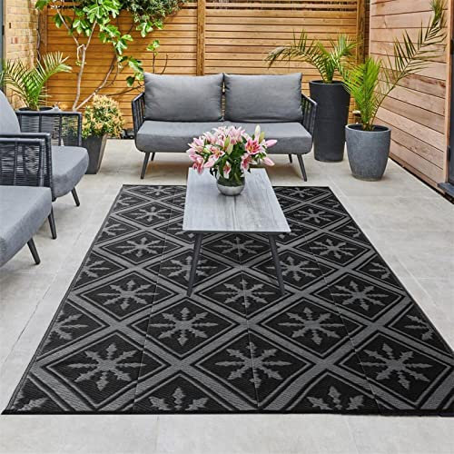 Enipate Outdoor Rugs for Patios Waterproof, 6x9ft Reversible Easy Cleaning Garden Rug, Portable Comfortable Woven Geometric Outdoor Carpet (Black & Grey)