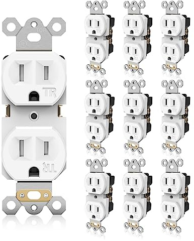 TOPELER Standard Electrical Wall Outlet, 15A 125V, 2 Pole 3 Prong, Tamper Resistant Wall Socket, Self-Grounding, Residential Grade Wall Receptacle, UL Listed, White, 10 Pack