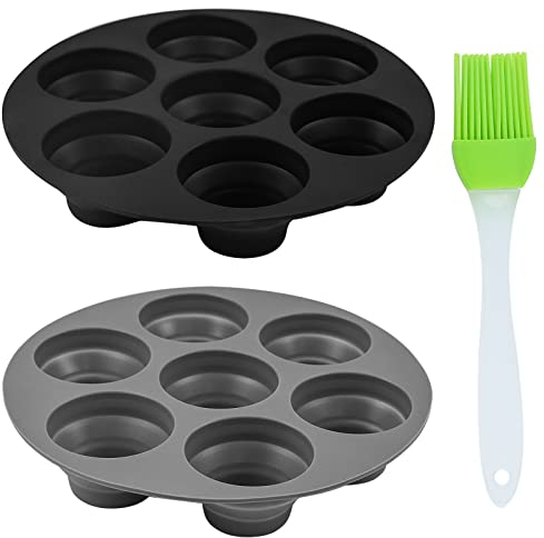 BEHAHAI 2pcs Silicone Muffin Pans with Brush,7 Cup Bun Tray Round Non Stick Baking Mould Air Fryer Cake Molds Cups Cupcake Moulds for Yorkshire Pudding Baking（Black,Grey）