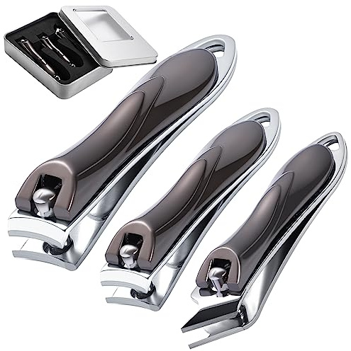 HuaJiao 3Pcs Nail Clippers, Heavy Duty Nail Clippers Toenail Clippers with Box Stainless Steel Ultra Sharp Nail Cutter for Thick Fingernail Toenail Men and Women, Grey