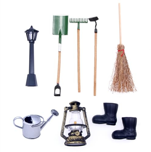 ANCLLO Set of 8 Miniature Dollhouse Garden Tools Mini Ornament Garden Furniture with Street Lamp Sweeping Broom Spade Pestle Rake etc