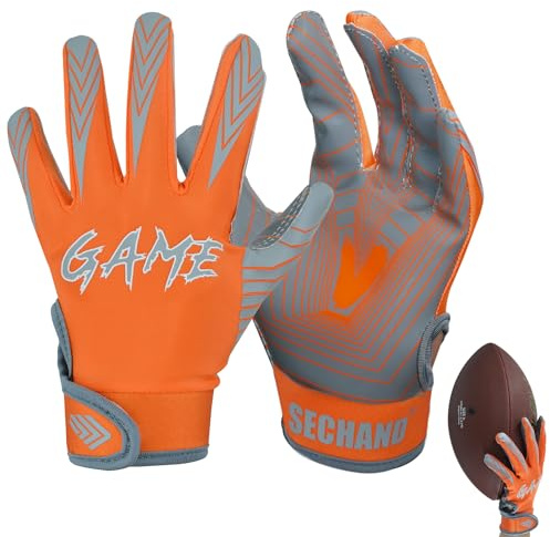 SECHAND Youth Football Gloves, Orange Flag Football Glove for Youth Kids Boys Girls Age 11-12, Sticky Reciver Gloves