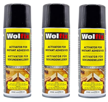 Wolfix Activateur Spray 3 pièces 200ml pour Colle Cyanoacrylate Super Glue Extra Forte - Accélérateur de Colle Forte Tout Support - Convient pour le MDF, les métaux, le plastique, le verre, le cuir