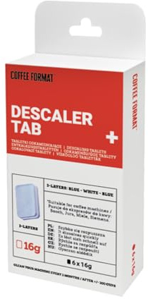 Coffee Format Descaler Tab+ 6 x 16 g, avkalkningstabletter för helautomatisk kaffebryggare, avkalkningsmedel kompatibel med Jura, Siemens, DeLonghi, Miele, Krups, Saeco, Philips