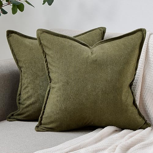 DakTou Olive Green Cushion Covers 45 x 45 cm Corduroy Striped Boho Decorative Throw Pillow Covers Square Pillowcase 18x18 inch Set of 2 with with Stitched Edge for Sofa Living Room Bedroom
