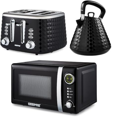 GEEPAS Electric Kettle 4 Slice Bread Toaster & Microwave Kitchen Set | 1.5L Pyramid Kettle 3000W | 4 Slice Toaster with 7 Level Browning Control, 1750W | 700W Digital Microwave 20L, Black
