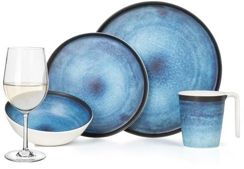 Vaisselle de camping en mélamine pour 4 personnes - Océan profond + 4 verres à vin Tiamo blancs - Vaisselle de table pour pique-nique - BBQ