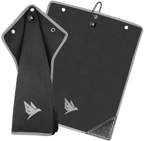 SWIFTEE Ultimate 4-in-1 Premium Golf Towel with Built-in Brush, Magnet, Ball Marker & Carabiner - 760GSM Microfibre Waffle Towel with Inner Wet Dry Liner (Black)