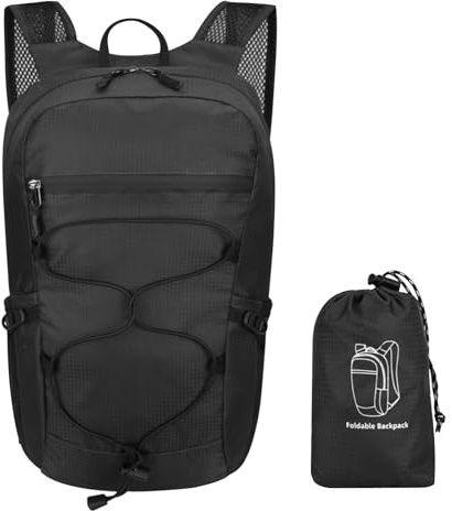 Hnonoxy Zaino Pieghevole e Ultraleggero 15L Impermeabile, Multifunzione per Escursionismo Unisex con Borsa di Stoccaggio, per Campeggio, Viaggi, Bicicletta, Nero