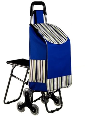 gibxiyza Carrito de la compra ligero 2024 con asiento, doble rueda triple mango ergonómico, carretilla para subir escaleras, carrito de comestibles, carro de compras resistente, color azul