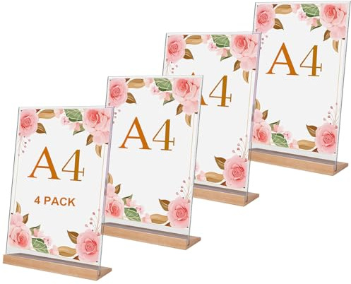ZYNERY 4 Stück Acryl Aufsteller A4, Tischaufsteller A4 mit Holz Sockelboden, Preisschilder Aufsteller, L- Ständer für Werbeaufsteller, Restaurant, Hochzeit, Büro, Cafe