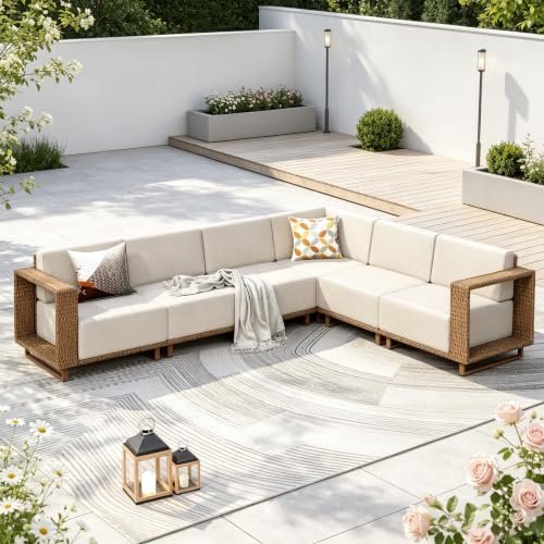 PHI VILLA Ensemble de meubles de jardin en rotin pour 6 personnes - Canapé de salon d'extérieur pour jardin et terrasse - Meubles d'extérieur toutes saisons avec coussins blancs