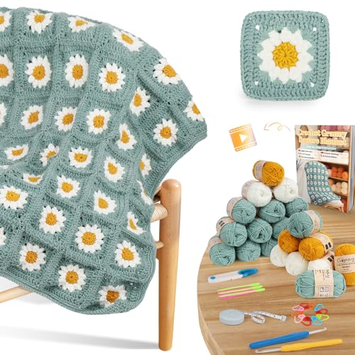 Coopay Juego de Ganchillo para Principiantes, Juego de ganchillos para Manta de Margaritas, Kit Crochet para Granny Square, Crochet Kit con Hilo, Ganchillos, Instrucciones Paso a Paso (Español)