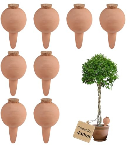 EXLECO 8 × 430ml Terracota Cono de Esférico Riego Automati con Corcho, Maceta Autorriego, Regadera Plantas para Tiestos Interior, Self Watering por Goteo, Globos de Regar Plantas Vacaciones