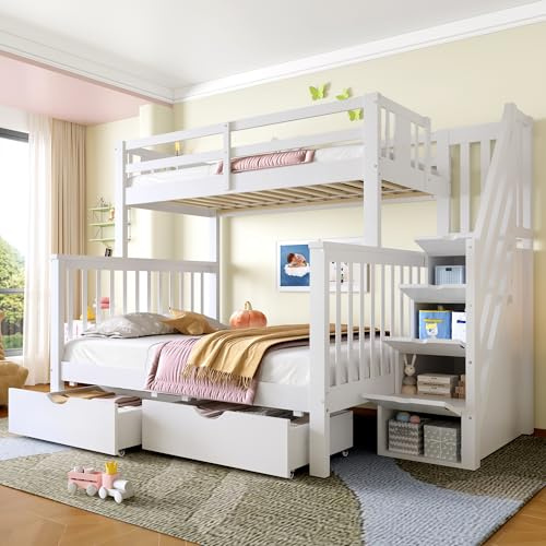 Merax Bunk Bed for Kids,Children's High Sleeper Bed,with Storage Stair,Drawers on wheels,Stars and Moons Design,Fall Protection and Fence,for Family with Multiple Children,White (90+135) x 190 cm