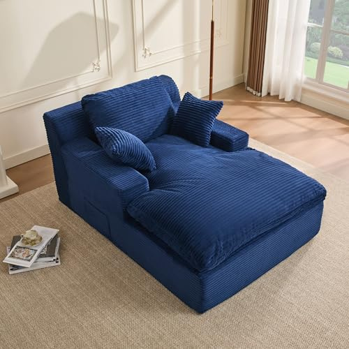 Litbird 160 cm Chaise Lounge Chair, Boneless Couch, Set of Sofabed Floor Lounge Sofa with Movable Pillows & Side Pockets, Cloud Couch with Armrests for Living Room, No Assembly Required, Navy