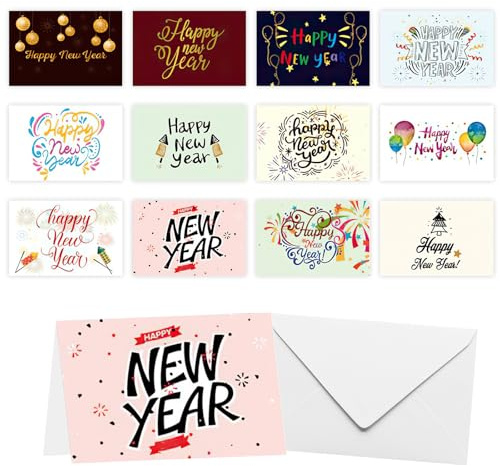 12 Pack Happy New Year Cards 2026, New Year Greeting Cards with Envelopes and Stickers, New Years Eve Decorations, for Families Friend Colleagues New Years Eve Party Graduations Birthday Christmas