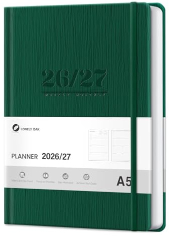 Lonely Oak A5 Academic Diary 2026-2027 Week to View, Daily Weekly Planner 5.75 x 8.4, 13 Months Faux Leather School Year Monthly Calendar Diary from Jul.2026 to Jul.2027 for Student(Green)