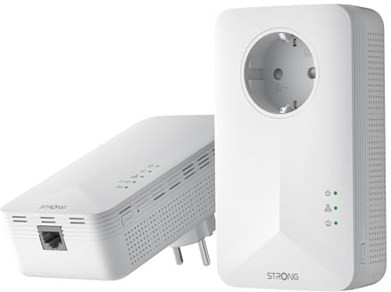 STRONG AV1000 Adaptador Powerline WiFi con Enchufe, PLC HomePlug AV2 Type F, WiFi 1200 Mbit/s en 2.4GHz/5GHz, Plug & Play, Modo de Ahorro de Energía, Puertos Gigabit (POWERL1000WFDUOEUV2)