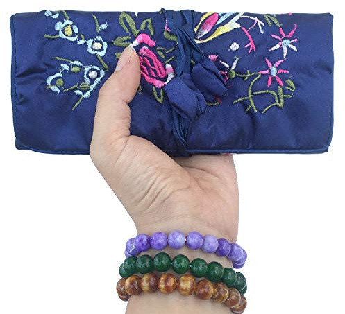 Gold Fortune Travel Jewelry Roll Bag - Silk Embroidered Brocade Pouch for Rings, Necklaces, Earrings, Bracelets | Lightweight & Tie Closure (Navy Blue)
